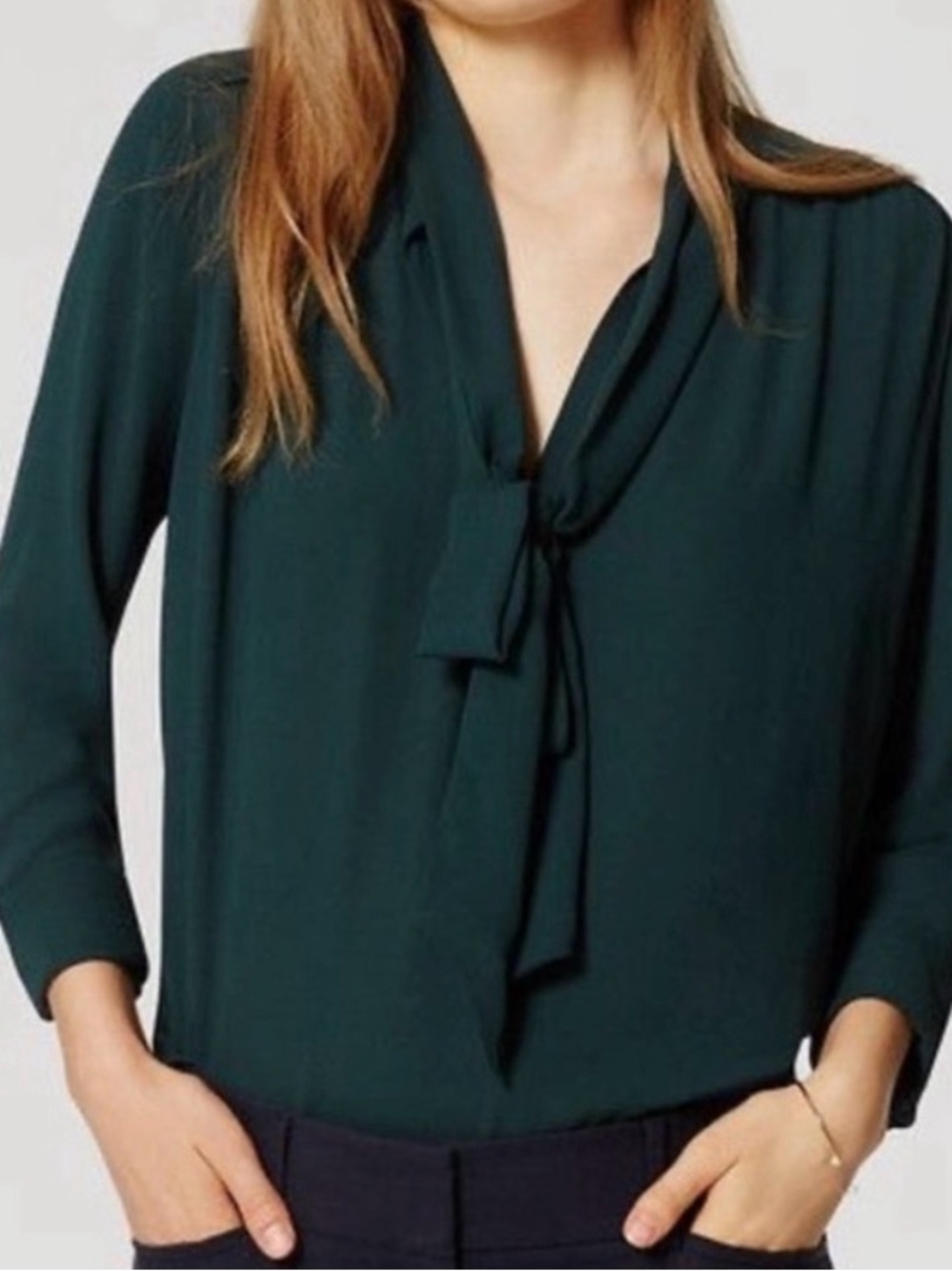 LOFT Deep Green Long-Sleeve Drapey Blouse